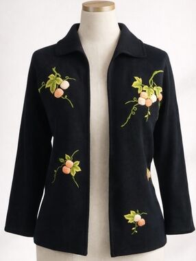 Vintage BANFF Embroidered Black Cardigan Sweater | Pumpkins Fall Vines | Size 10